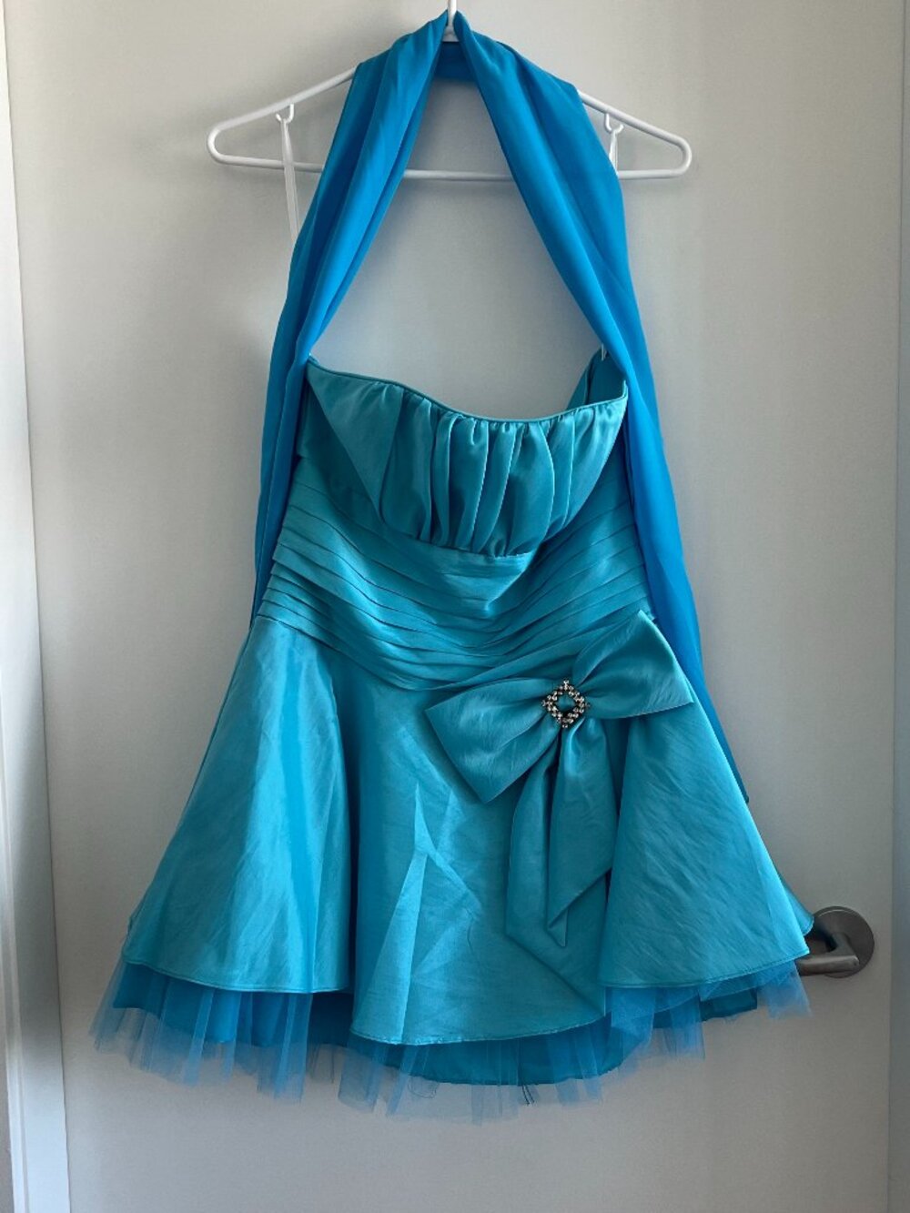 Cindy Collection USA Turquoise Strapless Fit & Flare Prom Dress Tulle Bow Size M